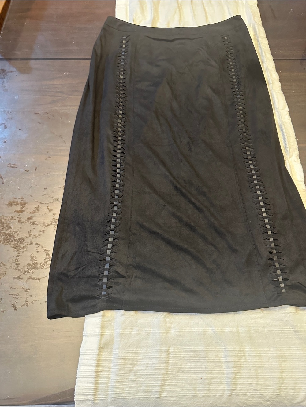 Sugarlips Black Suede Texture Midi Skirt with Lattice Side Panels